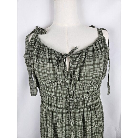 Francesca's Joy Plaid Tiered Maxi Dress XL Green Tie Straps Milk Maid Boho - Picture 4 of 11